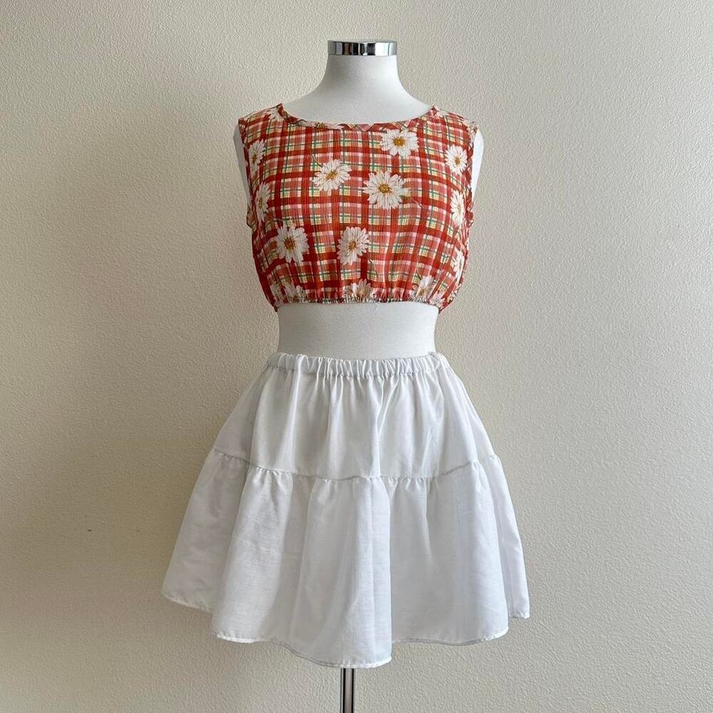 handmade coral peach gingham floral cropped tank top